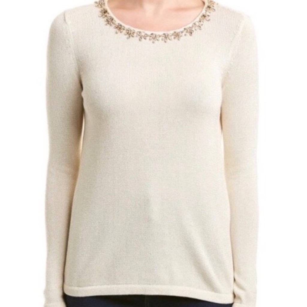 J Mclaughlin Sparkly Long Sleeve Gemstone Neckline Sweater, Size M